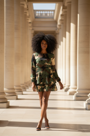 Camouflage Dress with Sleeves worn by a model in a stylish setting, showcasing its fashionable design and comfortable fit.